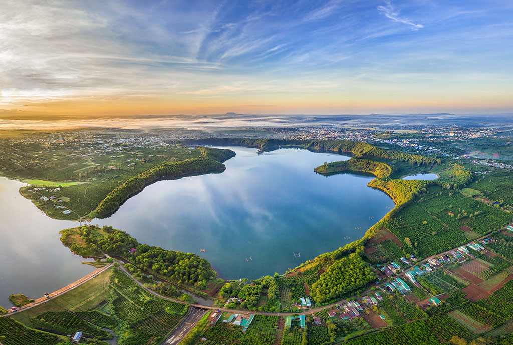 Aerial view of  To Nung lake or T’nung lake near  Pleiku city, Gia Lai province, Vietnam. To Nung lake or T’nung lake on the lava background of a volcano that has stopped working